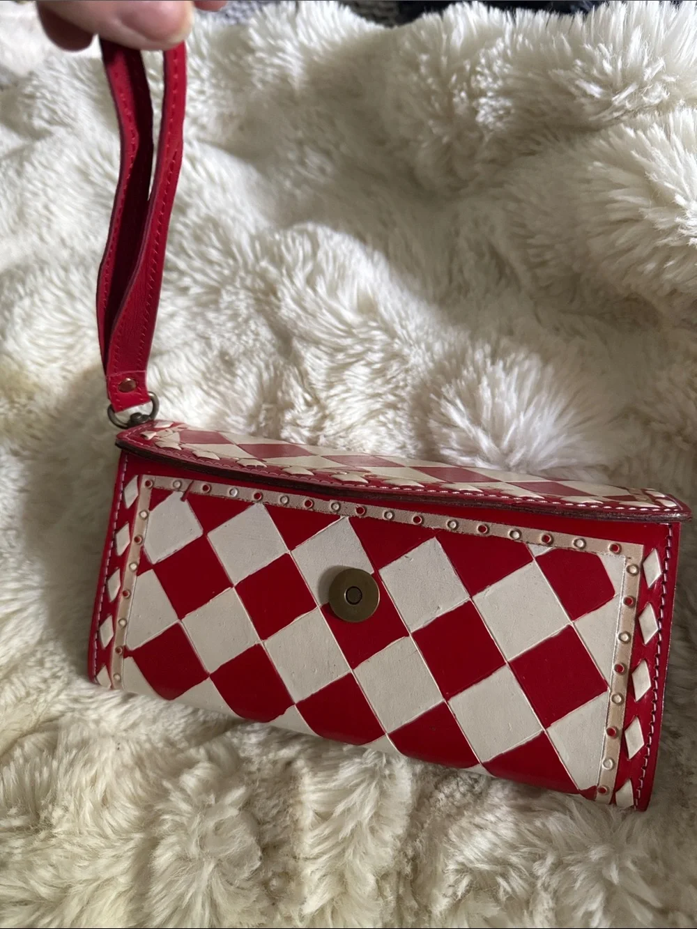 Hand painted  leather Red and White Diamond-Pattern Women's Clutch Wallet